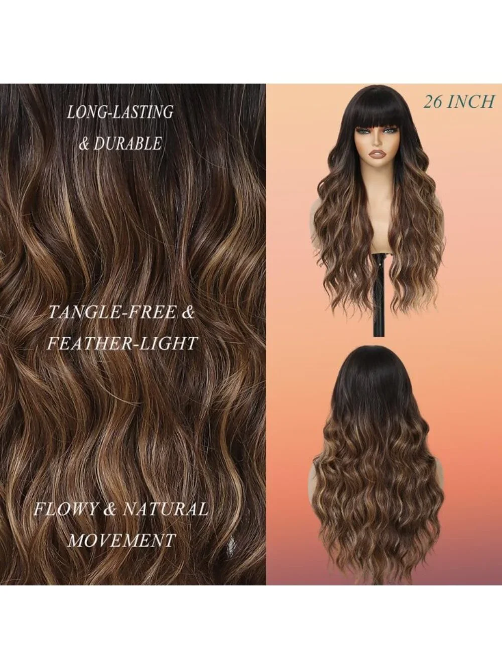 26 Inch Women's Ombre Brown Soft Layered Wavy Curly Hair Wig with Natural Shine